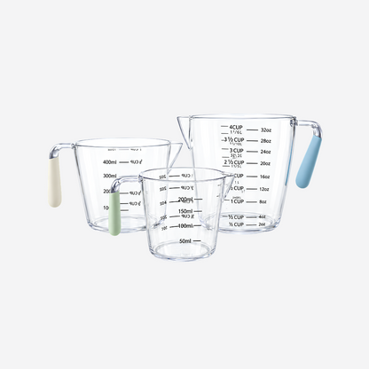 Set de 3 Tazas Medidoras de Plástico Transparente con Mango Antideslizante (200ml, 400ml y 900ml)