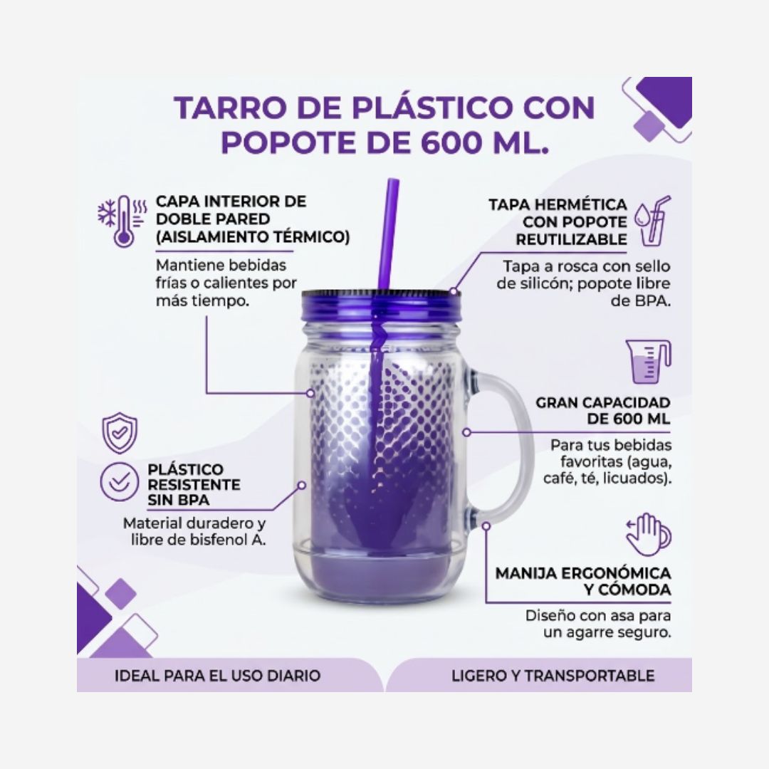 Tarro de Plástico con Popote 600 ml