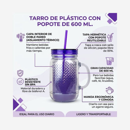 Tarro de Plástico con Popote 600 ml