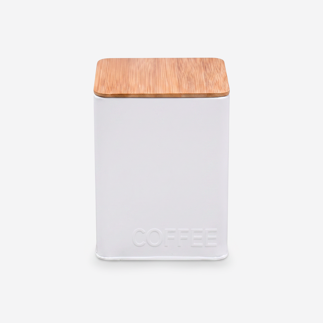 Recipiente de lata con tapa hermética de bambú rectangular "COFFEE"