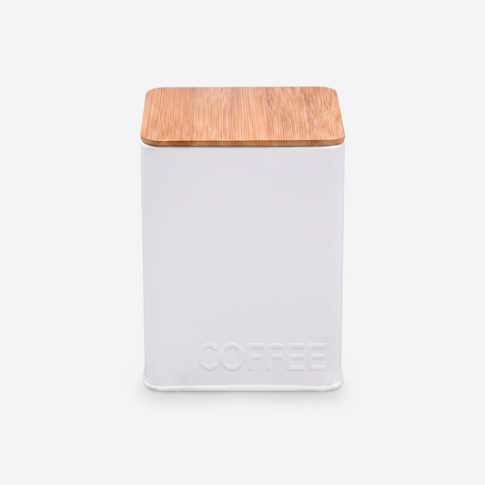Recipiente de lata con tapa hermética de bambú rectangular "COFFEE"