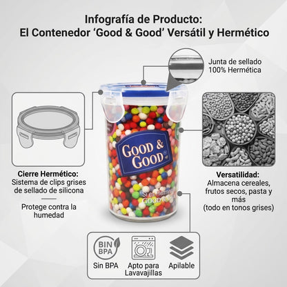 Frasco Hermético Cilíndrico de Plástico Good & Good| Contenedor Vertical Transparente para Alimentos, Dulces y Semillas con Tapa de Clips y Sello de Silicona