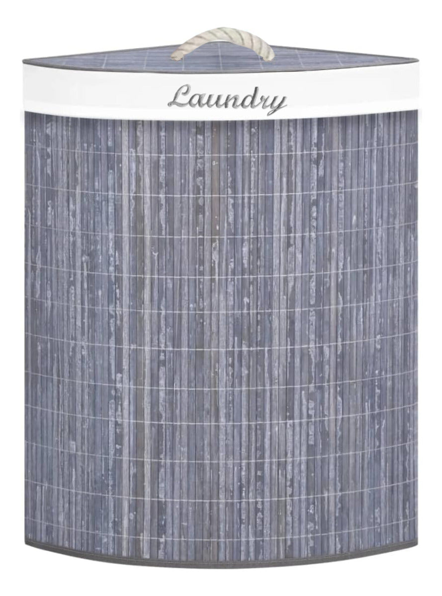 Cesto esquinero de bambú con tapa e interior de tela, bordado con letras "Laundry"