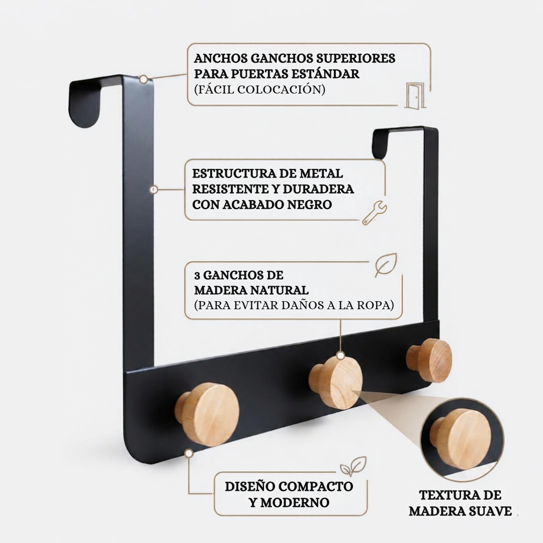 Perchero para Puerta con 3 Ganchos de Madera y Estructura de Metal Negro| Good & Good