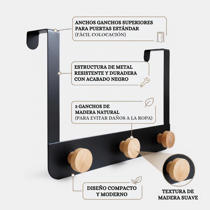 Perchero para Puerta con 3 Ganchos de Madera y Estructura de Metal Negro| Good & Good