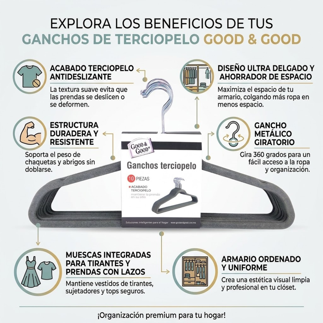 Set 10 Ganchos de Terciopelo Gris Antideslizantes | Good & Good