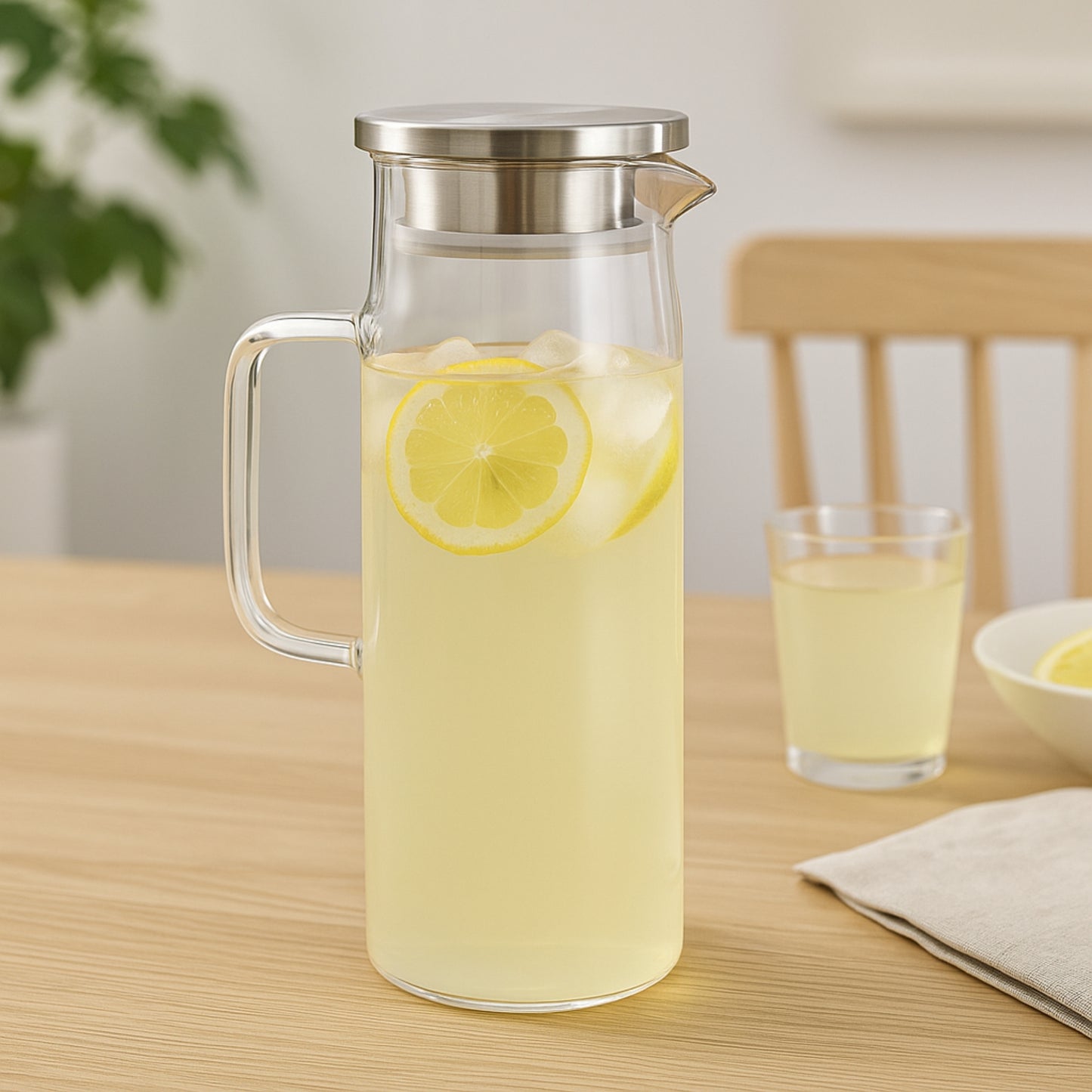 Jarra de Vidrio con Tapa Plateada 1.4 L – Elegante y Resistente para Agua, Jugos y Bebidas Frías