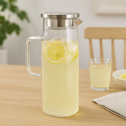 Jarra de Vidrio con Tapa Plateada 1.4 L – Elegante y Resistente para Agua, Jugos y Bebidas Frías