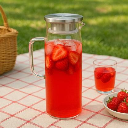 Jarra de Vidrio con Tapa Plateada 1.4 L – Elegante y Resistente para Agua, Jugos y Bebidas Frías