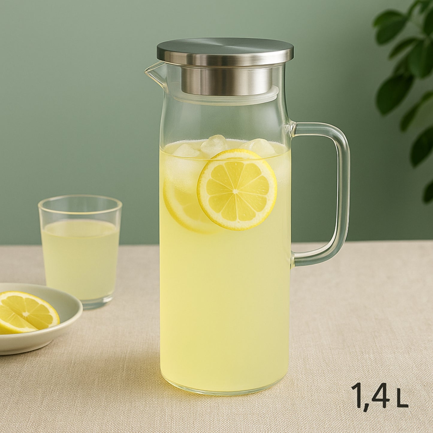 Jarra de Vidrio con Tapa Plateada 1.4 L – Elegante y Resistente para Agua, Jugos y Bebidas Frías