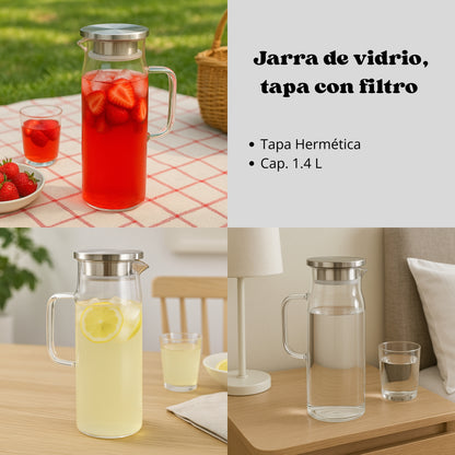 Jarra de Vidrio con Tapa Plateada 1.4 L – Elegante y Resistente para Agua, Jugos y Bebidas Frías