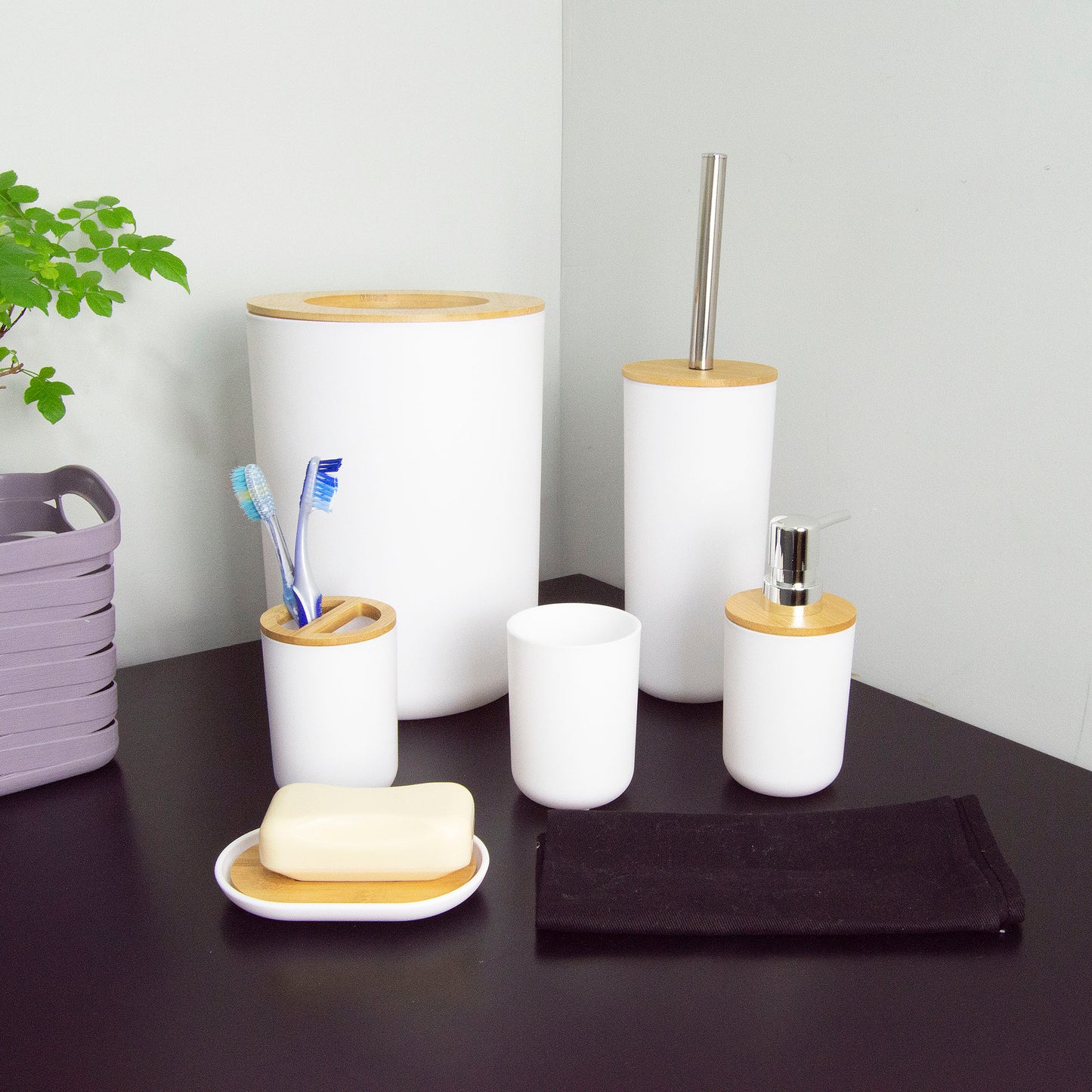 Juego de accesorios para baño con bambú 7 piezas