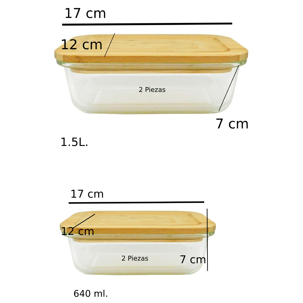 Set de 4 contenedores de vidrio y bambú de 1.5 L y de 640 ml