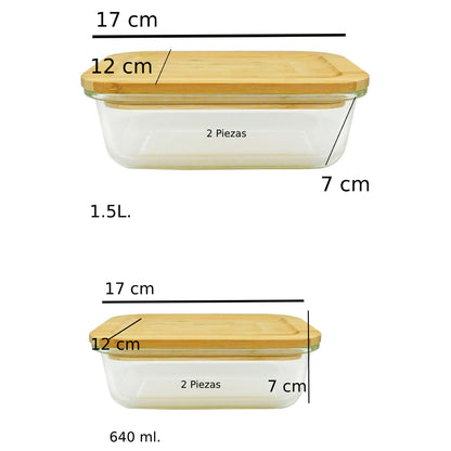 Set de 4 contenedores de vidrio y bambú de 1.5 L y de 640 ml