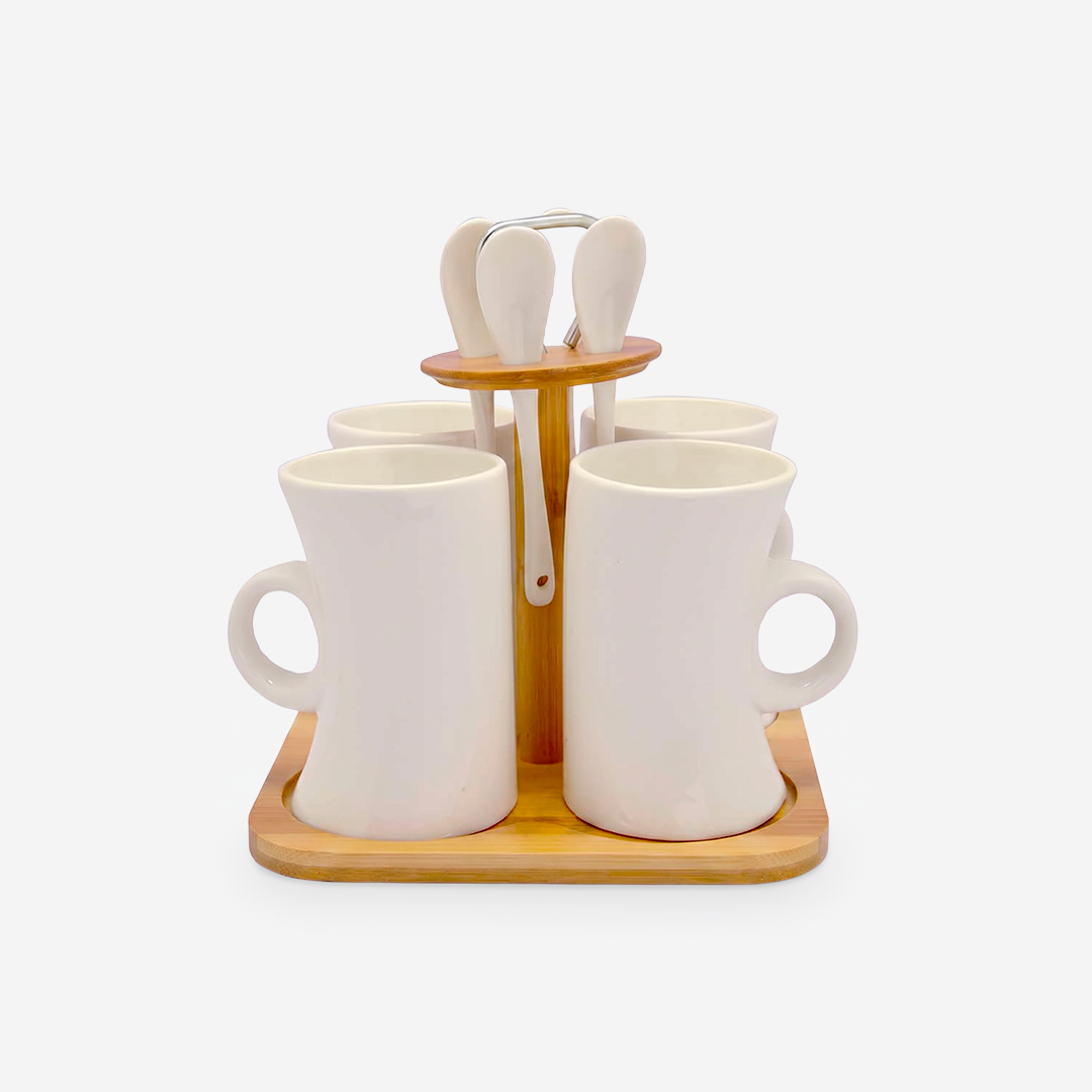 Set de Tazas con Cucharas y Base de Bambú