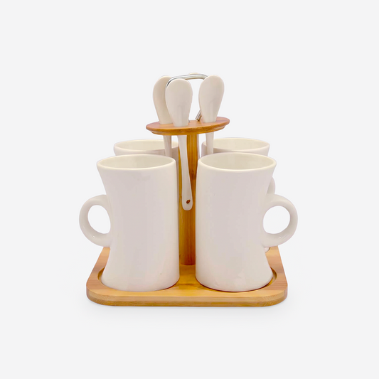 Set de Tazas con Cucharas y Base de Bambú