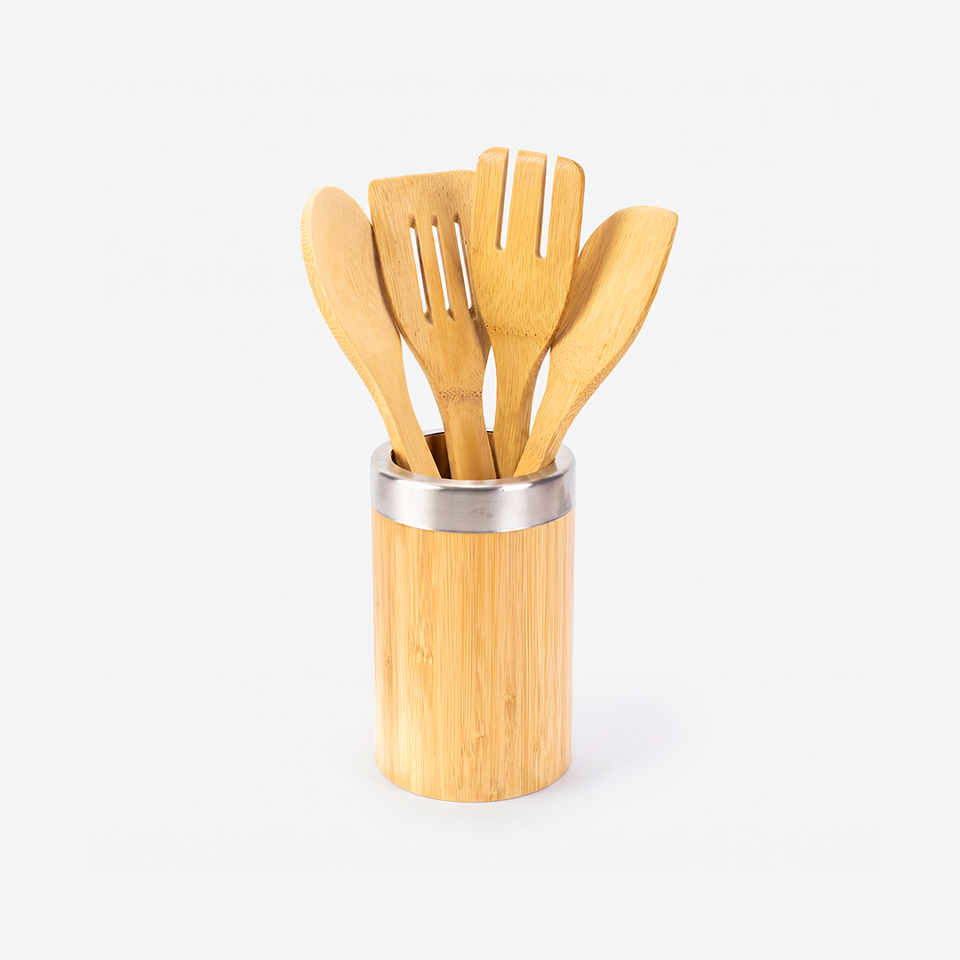 Juego de 4 utensilios de cocina de bambú con soporte
