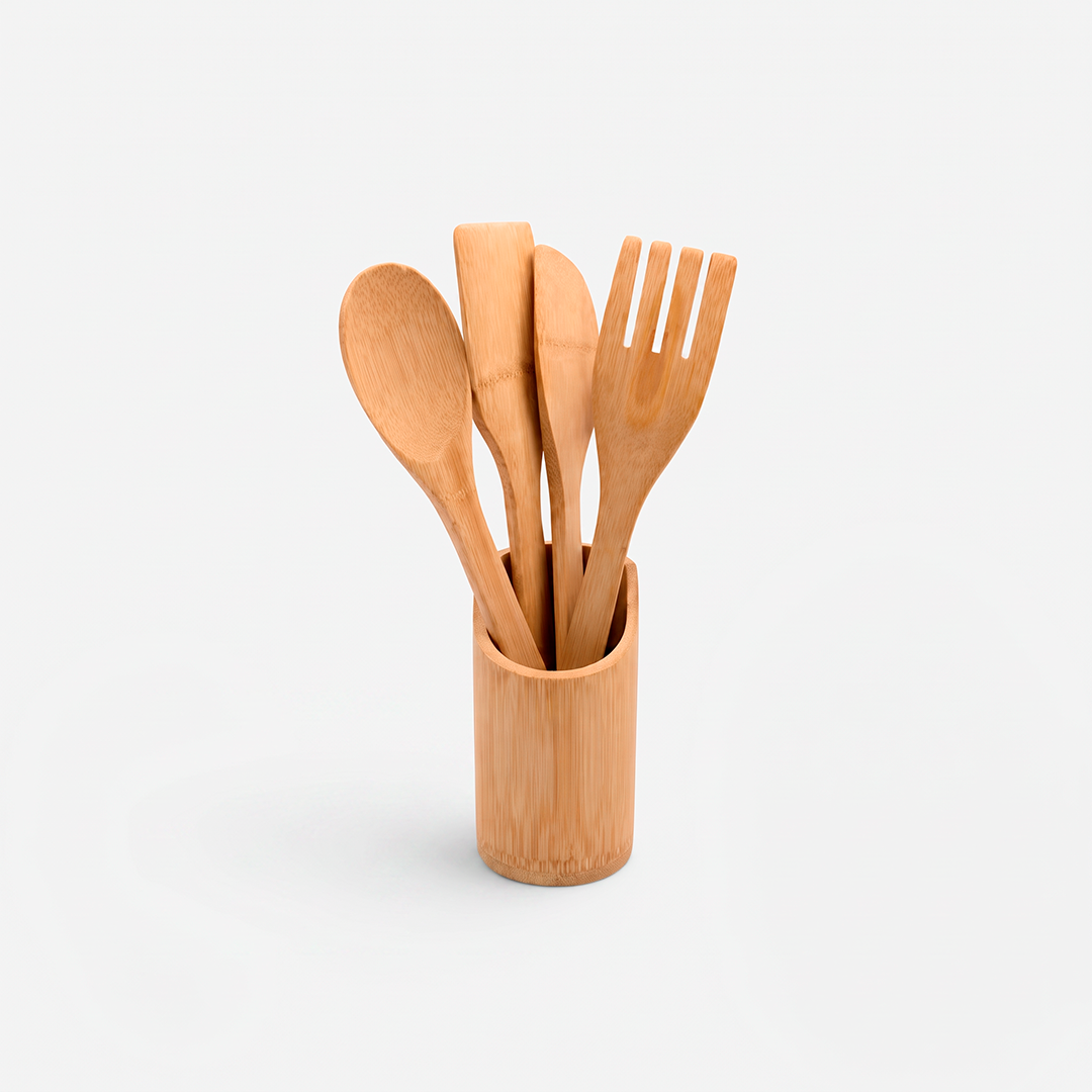 Set de 4 utensilios de bambú con base