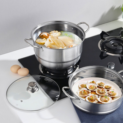Olla Vaporera de Acero Inoxidable 2 Niveles con Tapa de Vidrio