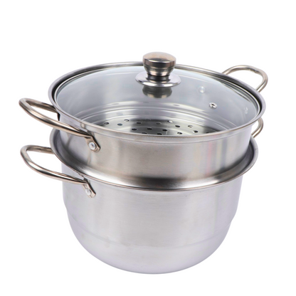 Olla Vaporera de Acero Inoxidable 2 Niveles con Tapa de Vidrio