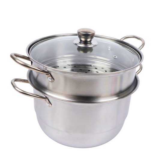 Olla Vaporera de Acero Inoxidable 2 Niveles con Tapa de Vidrio