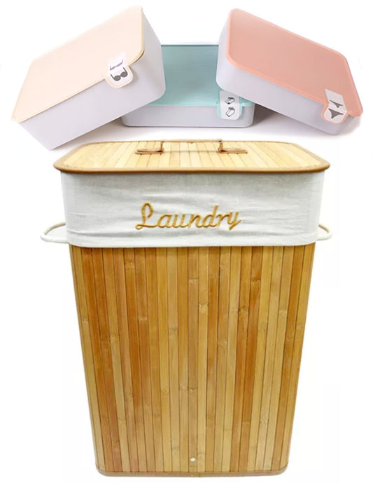 Set de 4 piezas, Cesto de bambú con tapa y 3 cajas organizadoras