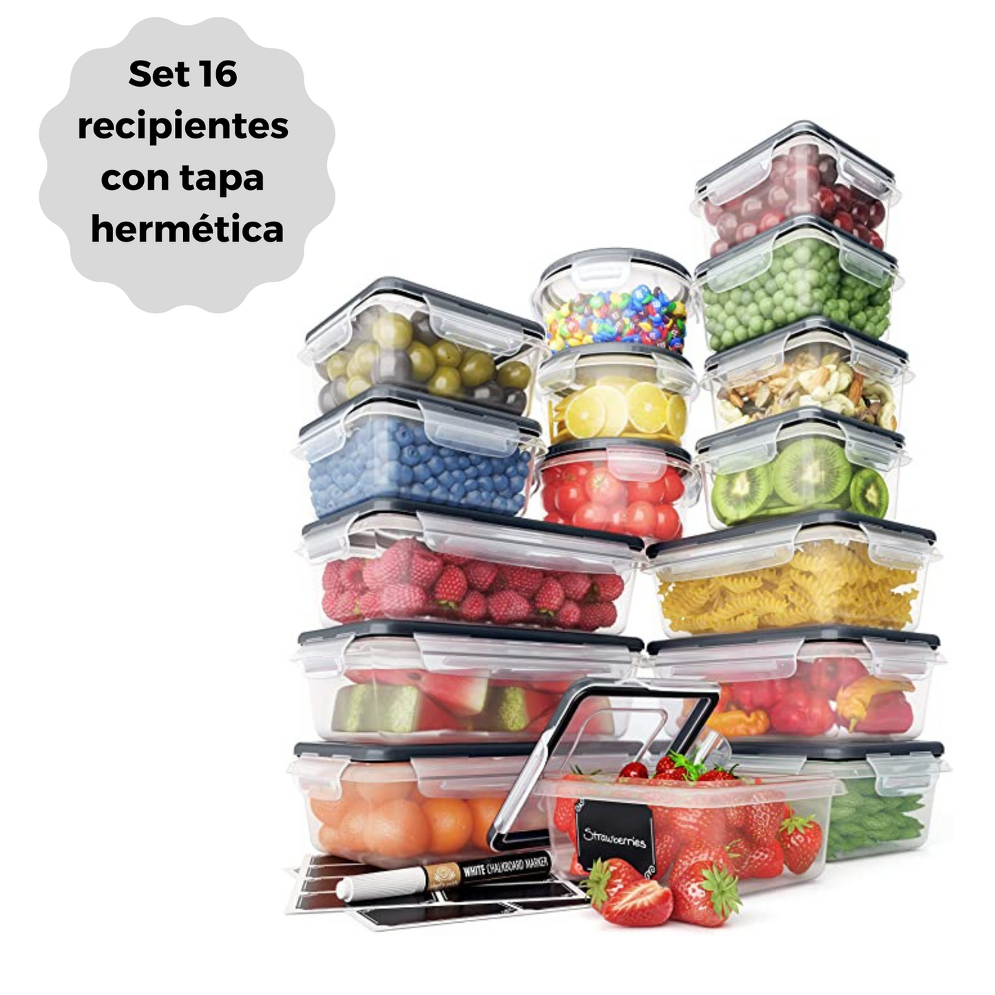 Juego de 16 recipientes con tapa hermética y pizarra