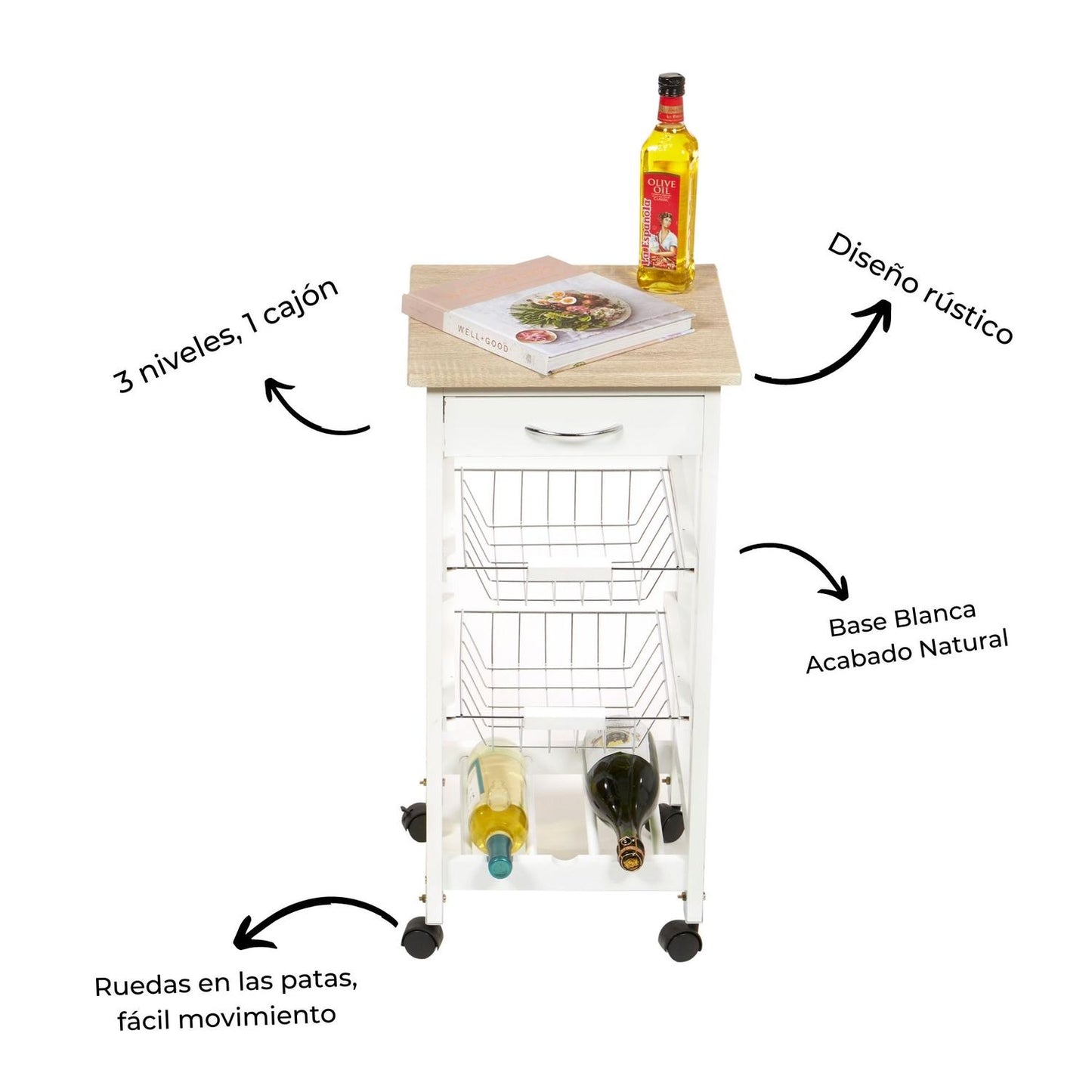 Carrito De Servicio Con Ruedas, 3 Niveles