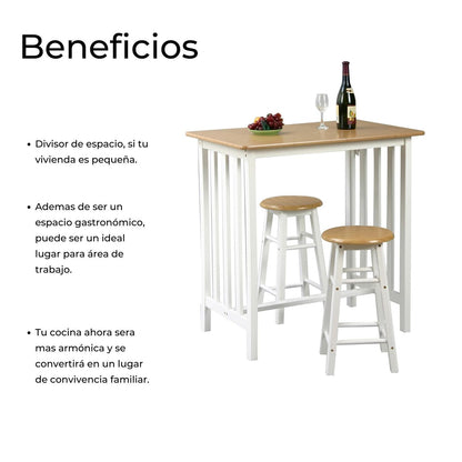 Barra Desayunador De Madera 2 Personas, Incluye Taburetes