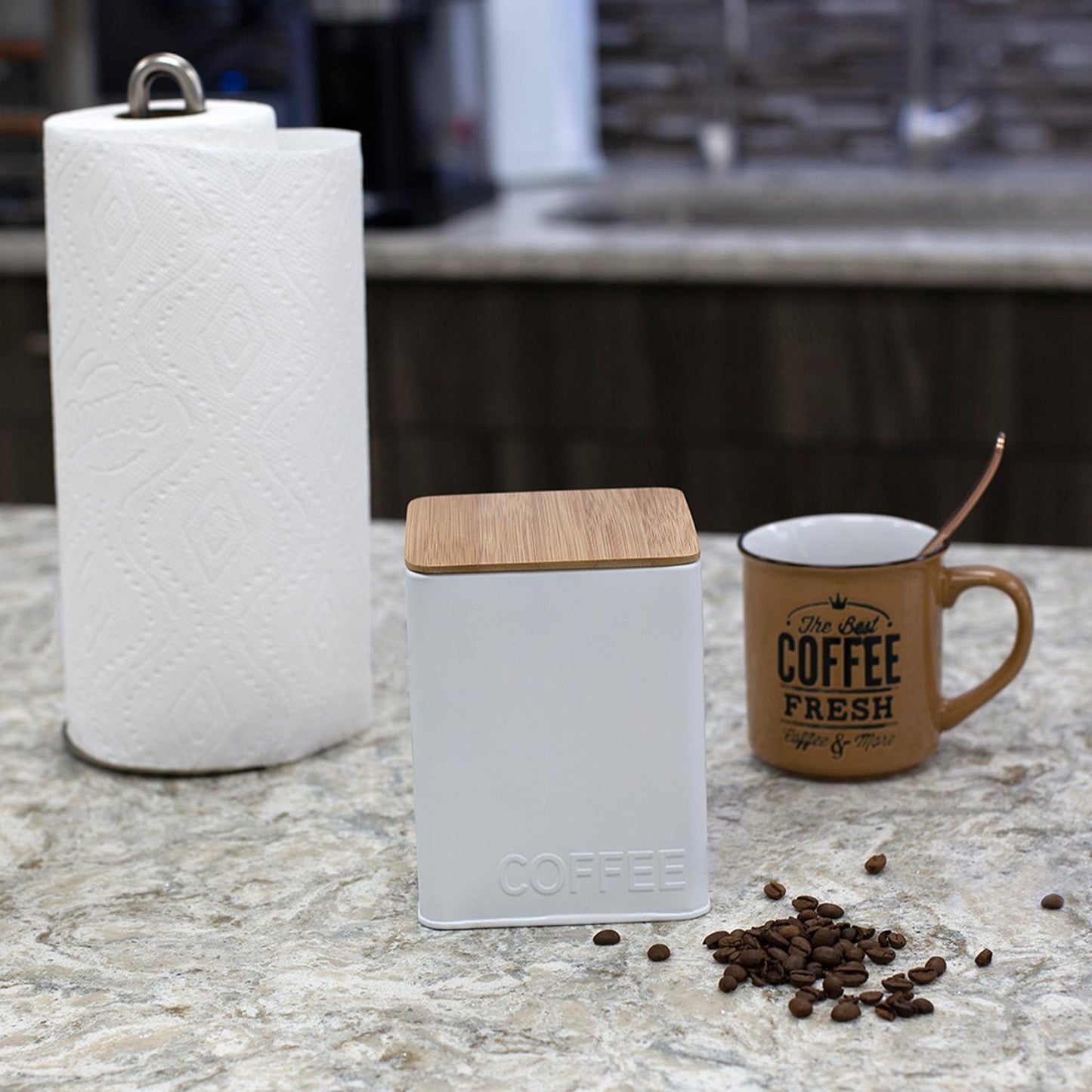 Recipiente de lata con tapa hermética de bambú rectangular "COFFEE"