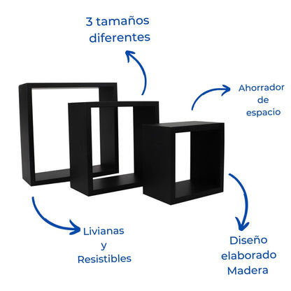 Set 3 Repisas Flotantes Cuadradas Negras