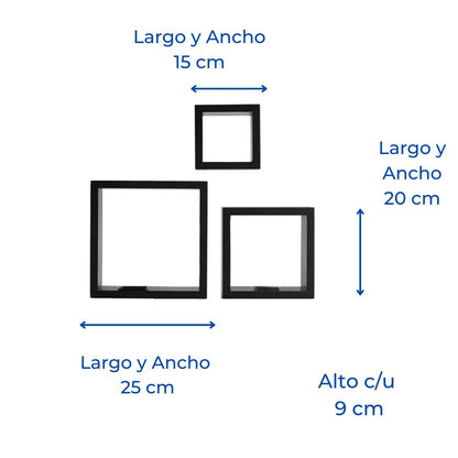 Set 3 Repisas Flotantes Cuadradas Negras