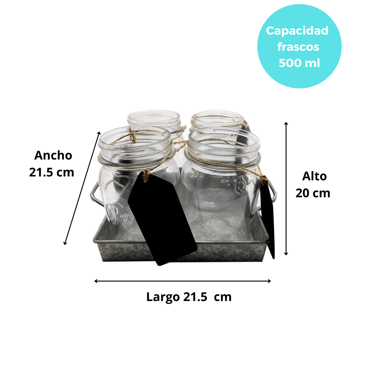 Set de 4 tarros mason jars con charola