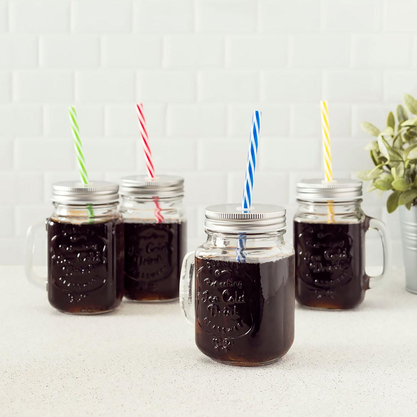Juego de 4 tarros tipo Mason Jars con popote 470 ml