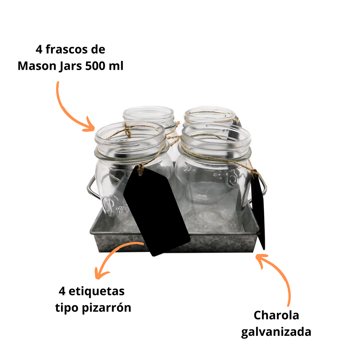 Set de 4 tarros mason jars con charola