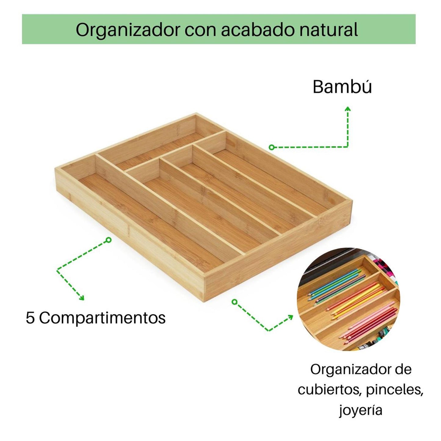 Charola Organizadora De Cubiertos Bambú, 5 Divisiones Cocina