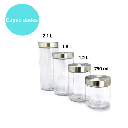 Set de 4 Frascos de vidrio con tapa 2 L, 1.6 L, 1.2 L, 800 ml