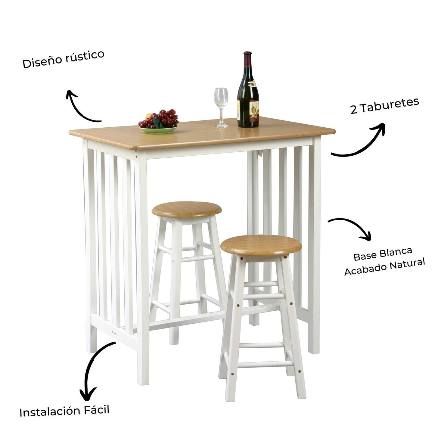 Barra Desayunador De Madera 2 Personas, Incluye Taburetes